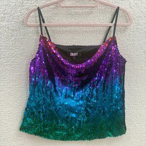 DKNY Rainbow Ombre Multi Sequin Cowl Neck Y2k Top Size S NWT